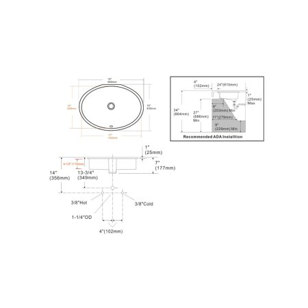 (image for) PELICAN PL-1606 Porcelain Undermount Bathroom Sink 17" x 14" x 4 1/2" - White