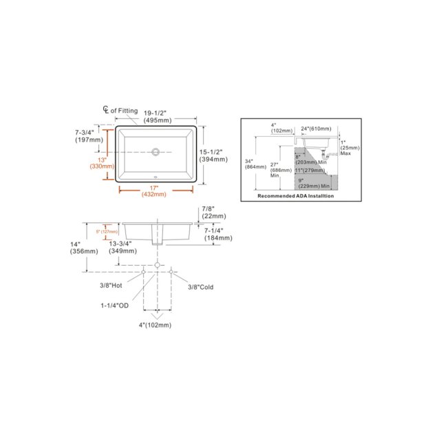 (image for) PELICAN PL-1637 Porcelain Undermount Bathroom Sink 17" x 13" x 5" - White