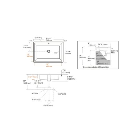 (image for) PELICAN PL-1646 Porcelain Undermount Bathroom Sink 19" x 13" x 4 1/2" - White