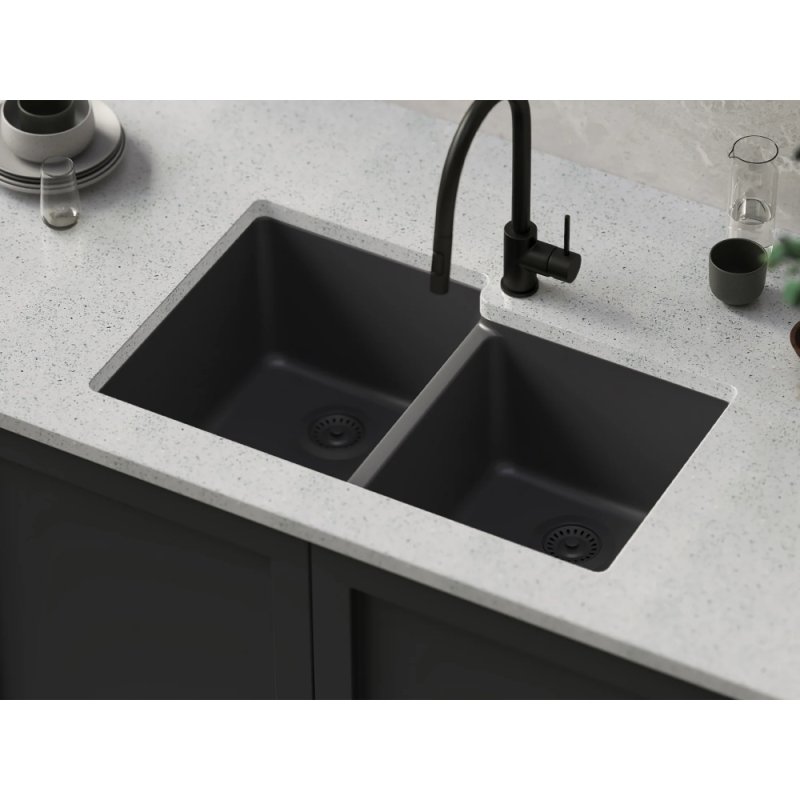 (image for) PELICAN PL-175 33" x 22" x 9 1/2" Granite Composite Double Bowl Sink - Onyx
