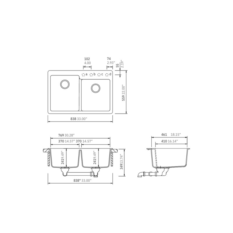 (image for) PELICAN PL-175 33" x 22" x 9 1/2" Granite Composite Double Bowl Sink - Onyx