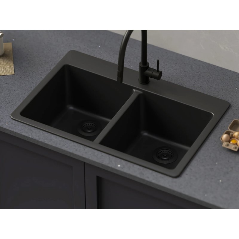 (image for) PELICAN PL-200 33" x 22" x 9 1/2" Granite Composite Double Bowl Sink - Onyx