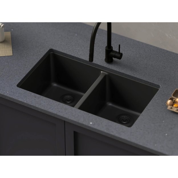 (image for) PELICAN PL-200 33" x 22" x 9 1/2" Granite Composite Double Bowl Sink - Onyx