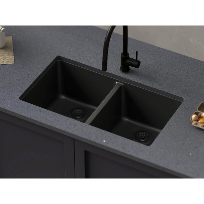 (image for) PELICAN PL-200 33" x 22" x 9 1/2" Granite Composite Double Bowl Sink - Onyx