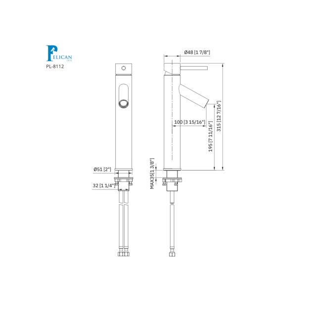(image for) PELICAN PL-8112 Single Hole Vessel Bathroom Faucet - Chrome