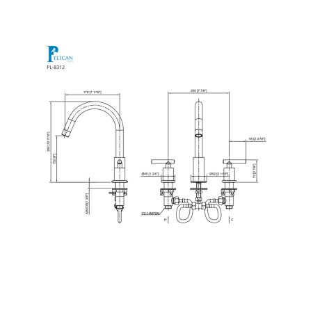 (image for) PELICAN PL-8312 Three Hole Vessel Bathroom Faucet - Chrome