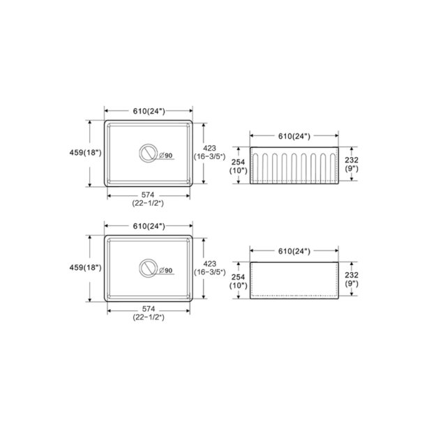 (image for) PELICAN PL-FC2418SB Reversible Farmhouse Fireclay Sink - 24" x 18" x 10"