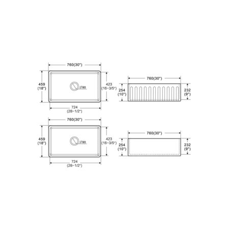 (image for) PELICAN PL-FC3018SB Reversible Farmhouse Fireclay Sink - 30" x 18" x 10"