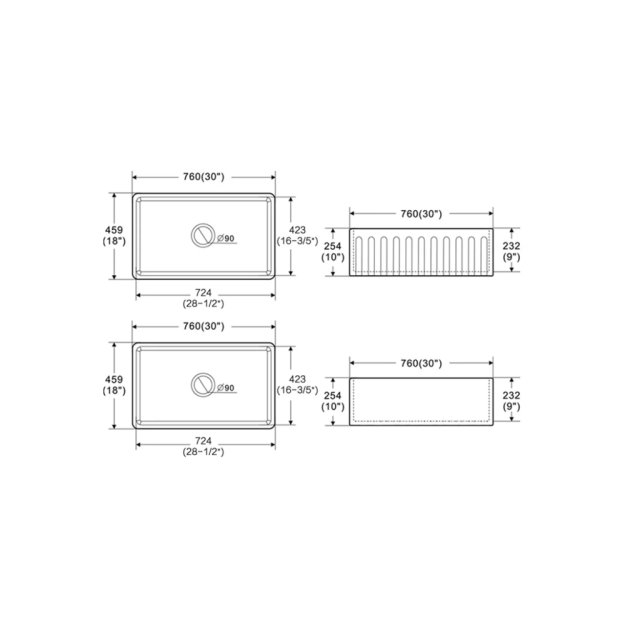 (image for) PELICAN PL-FC3018SB Reversible Farmhouse Fireclay Sink - 30" x 18" x 10"