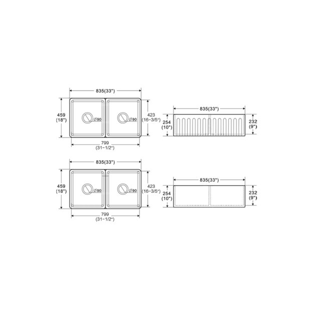 (image for) PELICAN PL-FC3318DB Reversible Farmhouse Fireclay Sink - 33" x 18" x 10"