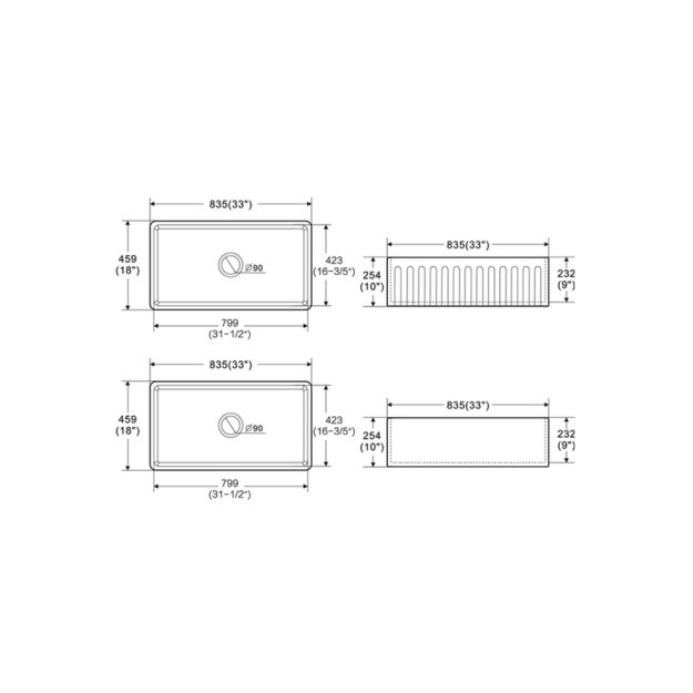 (image for) PELICAN PL-FC3318SB Reversible Farmhouse Fireclay Sink - 33" x 18" x 10"