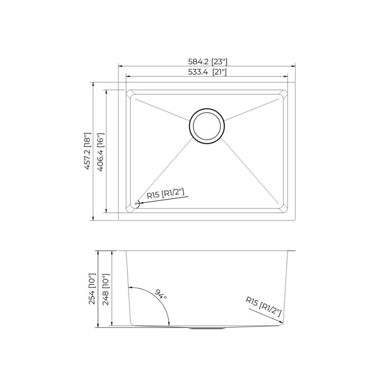 (image for) PELICAN PL-GMB108 R15 16g Handmade Stainless Steel Undermount Kitchen Sink 23" x 18" x 10" w/ Micro Radius Corners - Gunmetal Black