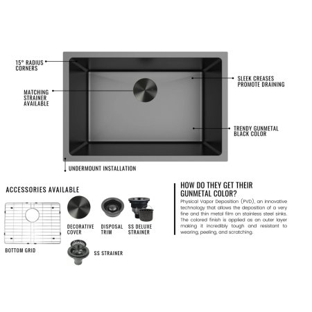 (image for) PELICAN PL-GMB108 R15 16g Handmade Stainless Steel Undermount Kitchen Sink 23" x 18" x 10" w/ Micro Radius Corners - Gunmetal Black