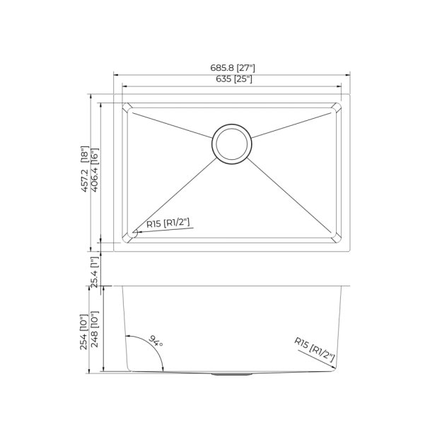 (image for) PELICAN PL-GMB111 R15 16g Handmade Stainless Steel Undermount Kitchen Sink 27" x 18" x 10" w/ Micro Radius Corners - Gunmetal Black
