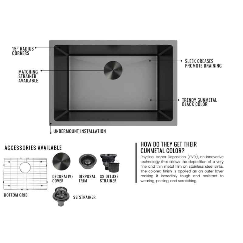 (image for) PELICAN PL-GMB111 R15 16g Handmade Stainless Steel Undermount Kitchen Sink 27" x 18" x 10" w/ Micro Radius Corners - Gunmetal Black