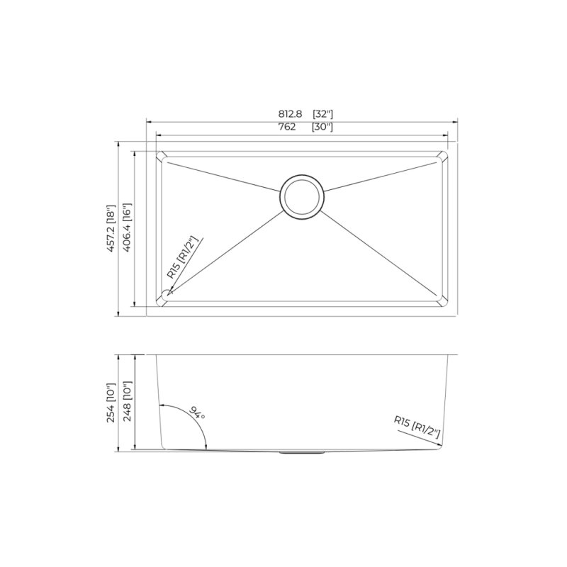 (image for) PELICAN PL-GMB115 R15 16g Handmade Stainless Steel Undermount Kitchen Sink 32" x 18" x 10" w/ Micro Radius Corners - Gunmetal Black