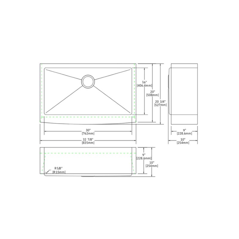 (image for) PELICAN PL-GMB122 R15 16g Handmade Stainless Steel Undermount Kitchen Sink 32 7/8" x 20 3/4" x 10" w/ Micro Radius Corners - Gunmetal Black