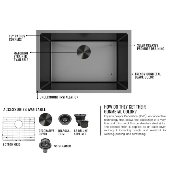 (image for) PELICAN PL-GMB122 R15 16g Handmade Stainless Steel Undermount Kitchen Sink 32 7/8" x 20 3/4" x 10" w/ Micro Radius Corners - Gunmetal Black