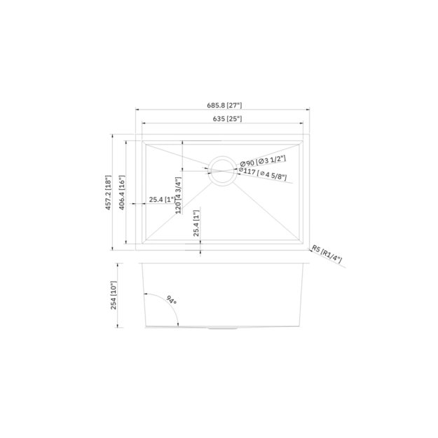 (image for) PELICAN PL-HA111 R0 16G Handmade 16 Gauge Stainless Steel Undermount Kitchen Sink 27" x 18 x 10'' w/ Zero Radius Corners
