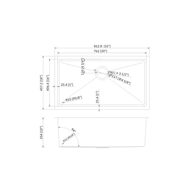 (image for) PELICAN PL-HA115 R15 16G Handmade 16 Gauge Stainless Steel Undermount Kitchen Sink 32" x 18" x 10'' w/ Micro Radius Corners