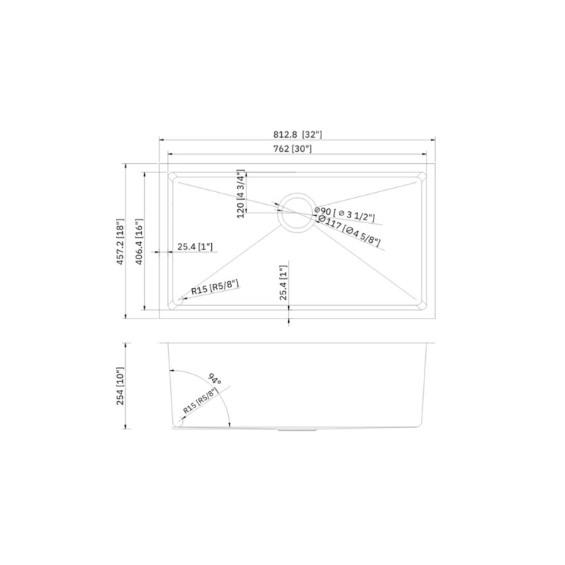(image for) PELICAN PL-HA115 R15 16G Handmade 16 Gauge Stainless Steel Undermount Kitchen Sink 32" x 18" x 10'' w/ Micro Radius Corners