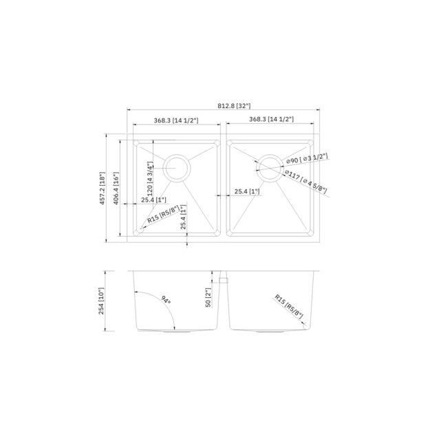 (image for) PELICAN PL-HA117 R15 16G Handmade 16 Gauge Stainless Steel Undermount Kitchen Sink 32" x 18" x 10'' w/ Micro Radius Corners