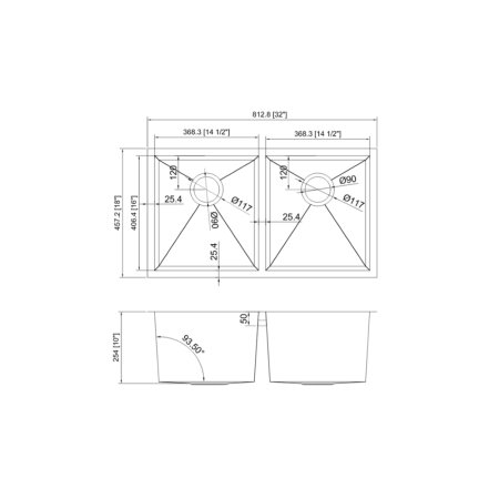 (image for) PELICAN PL-HA117 R0 18G Handmade 18 Gauge Stainless Steel Undermount Kitchen Sink 32" x 18" x 10'' w/ Zero Radius Corners