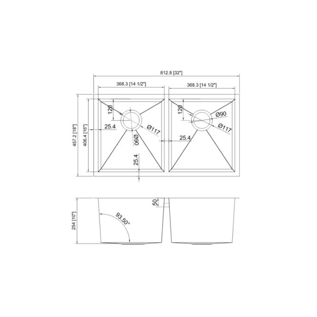 (image for) PELICAN PL-HA117 R0 16G Handmade 16 Gauge Stainless Steel Undermount Kitchen Sink 32" x 18" x 10'' w/ Zero Radius Corners