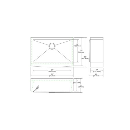 (image for) PELICAN PL-HA118 R15 16G Handmade 16 Gauge Stainless Steel Apron Front Kitchen Sink 30" x 21" x 10'' w/ Micro Radius Corners