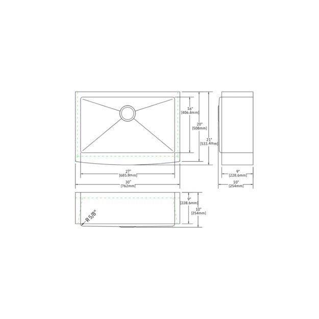 (image for) PELICAN PL-HA118 R15 16G Handmade 16 Gauge Stainless Steel Apron Front Kitchen Sink 30" x 21" x 10'' w/ Micro Radius Corners