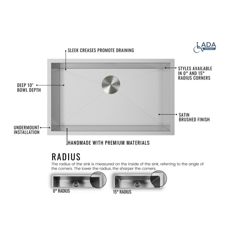 (image for) PELICAN PL-HA118 R15 16G Handmade 16 Gauge Stainless Steel Apron Front Kitchen Sink 30" x 21" x 10'' w/ Micro Radius Corners