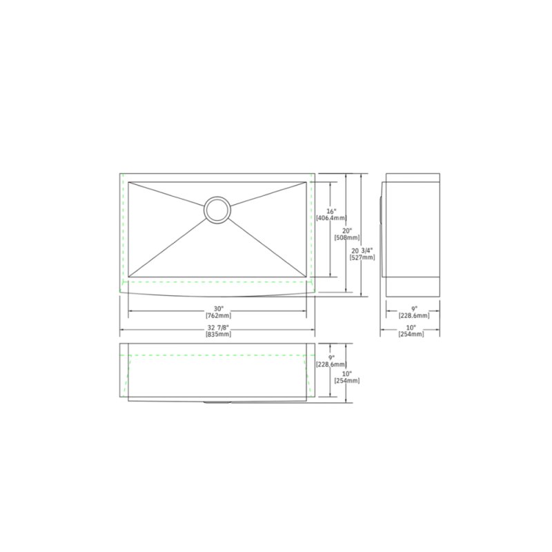 (image for) PELICAN PL-HA122 R0 16G Handmade 16 Gauge Stainless Steel Apron Front Kitchen Sink 32 7/8" x 20 3/4" x 10'' w/ Zero Radius Corners