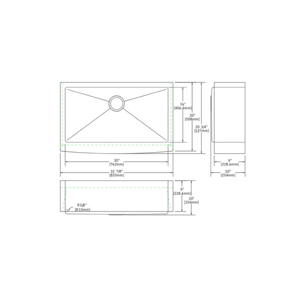 (image for) PELICAN PL-HA122 R15 16G Handmade 16 Gauge Stainless Steel Apron Front Kitchen Sink 32 7/8" x 20 3/4" x 10'' w/ Micro Radius Corners
