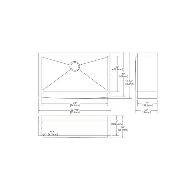 (image for) PELICAN PL-HA122 R15 16G Handmade 16 Gauge Stainless Steel Apron Front Kitchen Sink 32 7/8" x 20 3/4" x 10'' w/ Micro Radius Corners