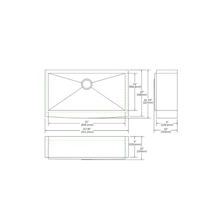 (image for) PELICAN PL-HA124 R0 16G Handmade 16 Gauge Stainless Steel Apron Front Kitchen Sink 35 7/8" x 20 3/4" x 10'' w/ Zero Radius Corners