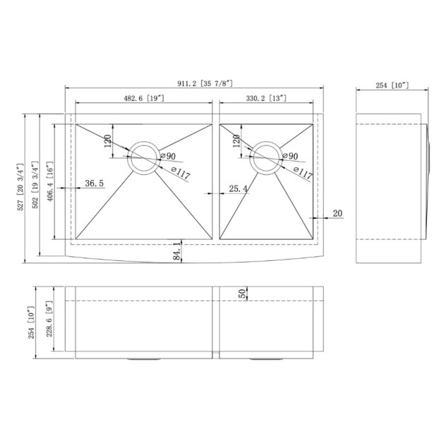 (image for) PELICAN PL-HA125 R0 16G Handmade 16 Gauge Stainless Steel Apron Front Kitchen Sink 35 7/8" x 20 3/4" x 10'' w/ Zero Radius Corners