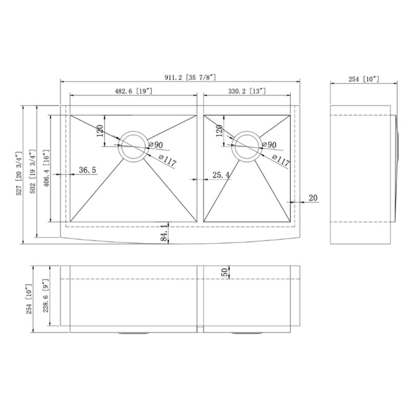 (image for) PELICAN PL-HA125 R0 16G Handmade 16 Gauge Stainless Steel Apron Front Kitchen Sink 35 7/8" x 20 3/4" x 10'' w/ Zero Radius Corners