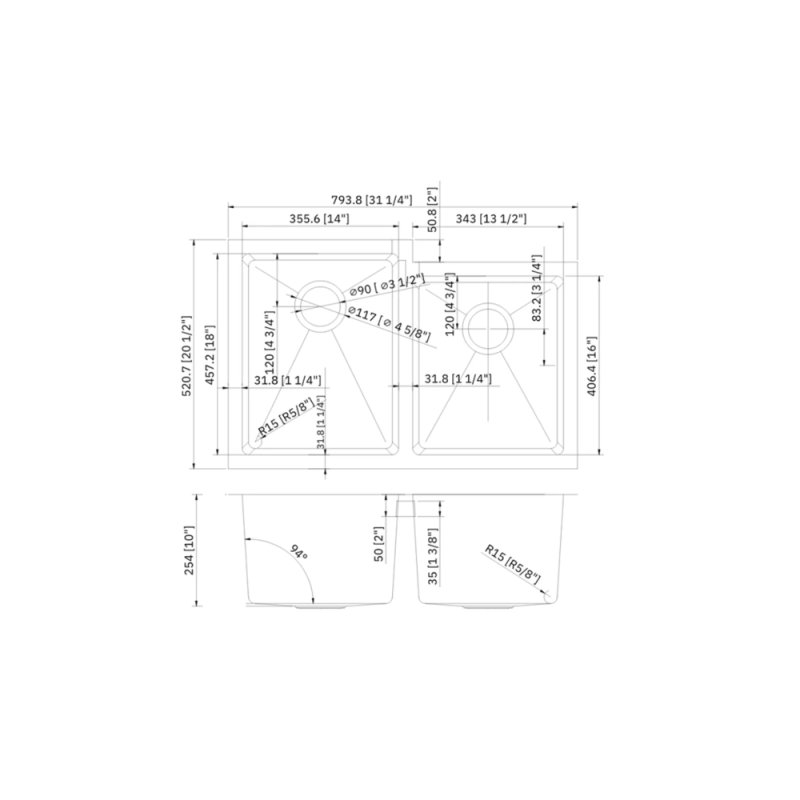 (image for) PELICAN PL-HA126 R0 16G Handmade 16 Gauge Stainless Steel Undermount Kitchen Sink 31 1/4" x 20 1/2" x 10'' w/ Zero Radius Corners