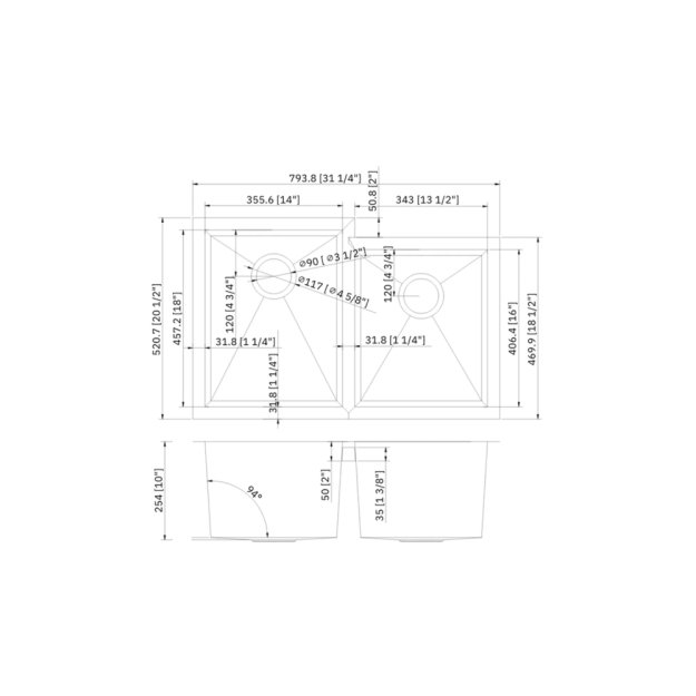 (image for) PELICAN PL-HA126 R15 16G Handmade 16 Gauge Stainless Steel Undermount Kitchen Sink 31 1/4" x 20 1/2" x 10'' w/ Micro Radius Corners