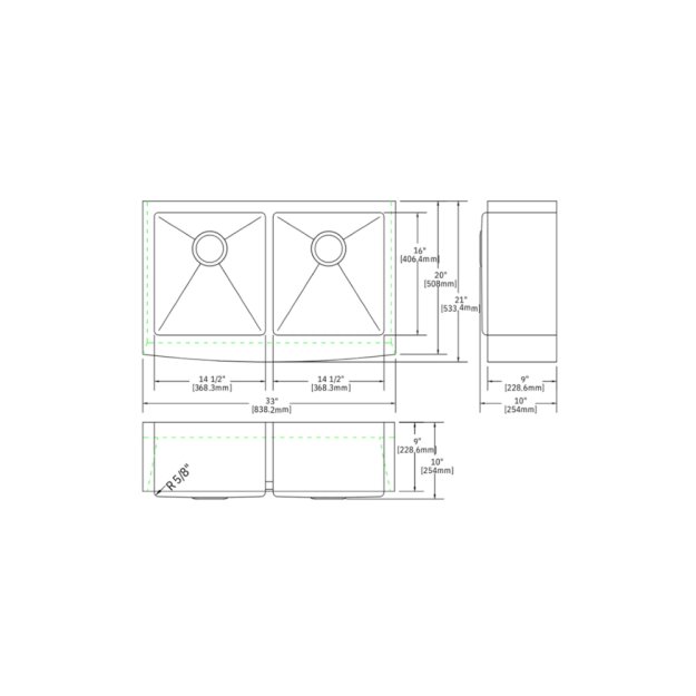 (image for) PELICAN PL-HA128 R15 16G Handmade 16 Gauge Stainless Steel Apron Front Kitchen Sink 33" x 21" x 10'' w/ Micro Radius Corners
