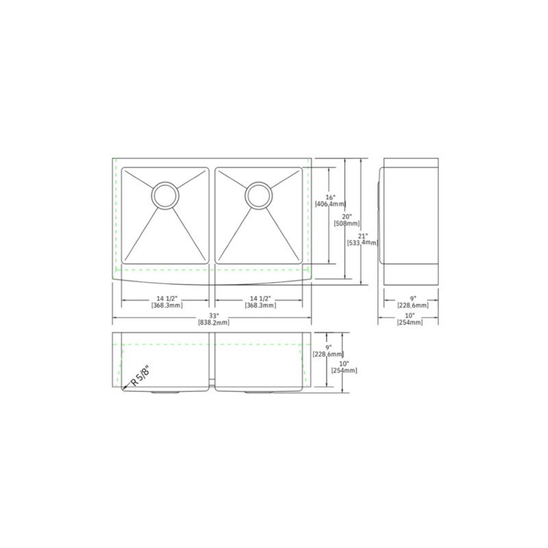 (image for) PELICAN PL-HA128 R15 16G Handmade 16 Gauge Stainless Steel Apron Front Kitchen Sink 33" x 21" x 10'' w/ Micro Radius Corners