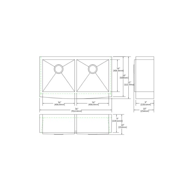 (image for) PELICAN PL-HA130 R0 16G Handmade 16 Gauge Stainless Steel Apron Front Kitchen Sink 36" x 21" x 10'' w/ Zero Radius Corners