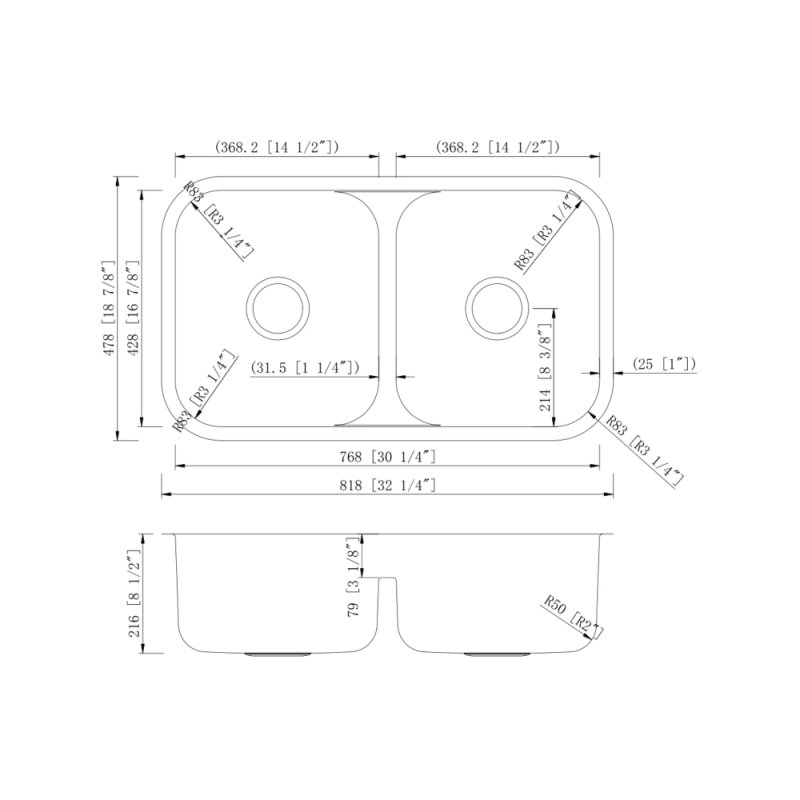 (image for) PELICAN PL-VL5050 18G Stainless Steel Low Divide Double Bowl Undermount Kitchen Sink 33'' x 22'' w/ 3 Holes