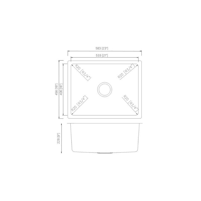 (image for) PELICAN PL-VR2318 R20 18 Gauge Stainless Steel Undermount Kitchen Sink 23'' x 18'' w/ Low Radius Corners