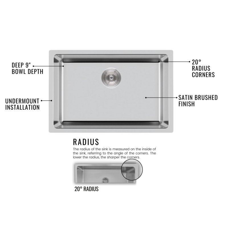 (image for) PELICAN PL-VR2318 R20 18 Gauge Stainless Steel Undermount Kitchen Sink 23'' x 18'' w/ Low Radius Corners