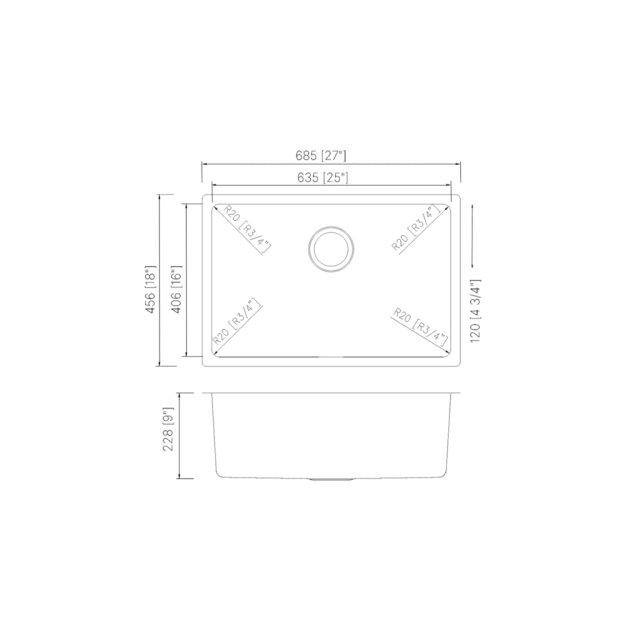 (image for) PELICAN PL-VR2718 R20 18 Gauge Stainless Steel Undermount Kitchen Sink 27'' x 18'' w/ Low Radius Corners