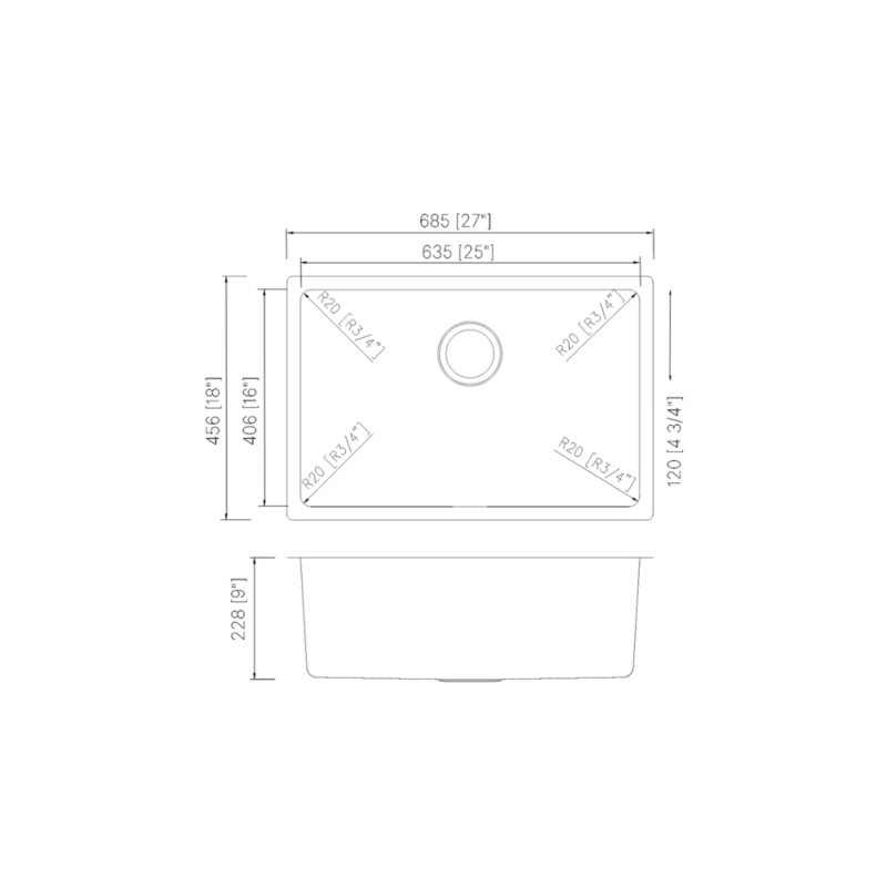 (image for) PELICAN PL-VR2718 R20 18 Gauge Stainless Steel Undermount Kitchen Sink 27'' x 18'' w/ Low Radius Corners