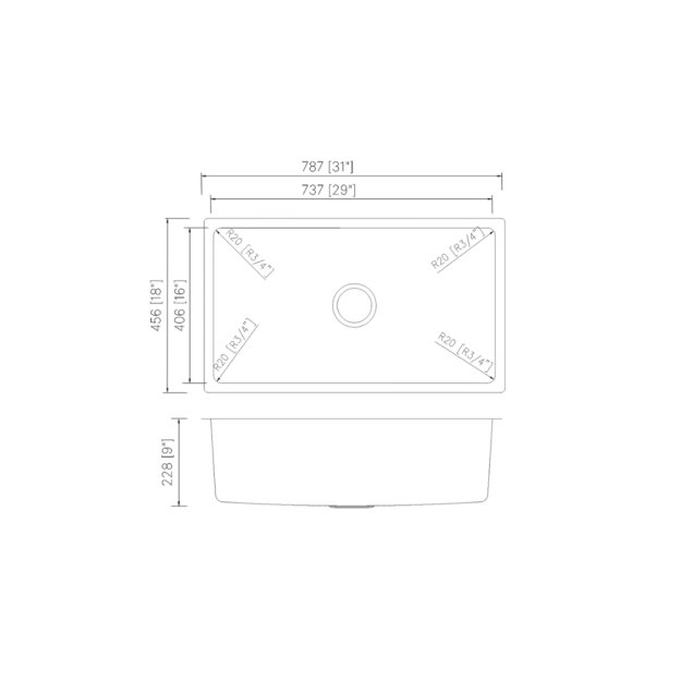 (image for) PELICAN PL-VR3118 R20 18 Gauge Stainless Steel Undermount Kitchen Sink 31'' x 18'' w/ Low Radius Corners