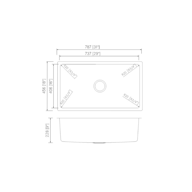 (image for) PELICAN PL-VR3118 R20 18 Gauge Stainless Steel Undermount Kitchen Sink 31'' x 18'' w/ Low Radius Corners