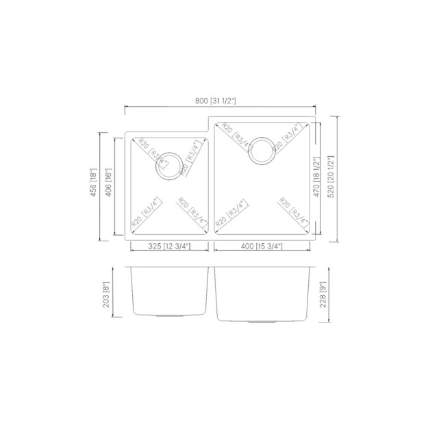 (image for) PELICAN PL-VR4060 R20 18 Gauge Stainless Steel Undermount Kitchen Sink 31 1/2'' x 20 1/2''' w/ Low Radius Corners